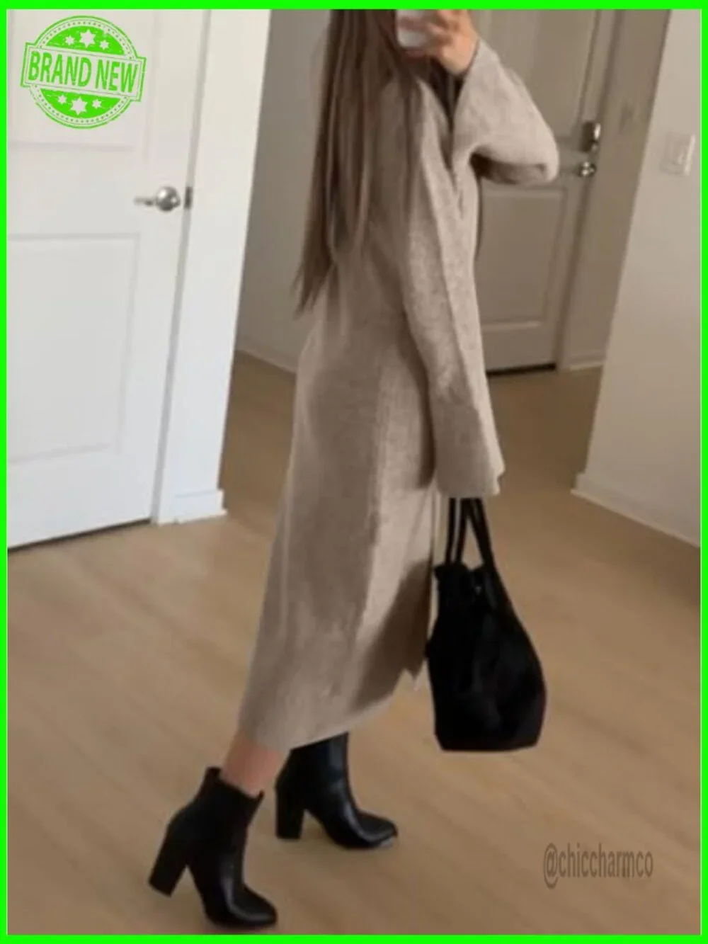 Long Bell Sleeve Cardigan Sweater Dress V-Neck Button Down Midi Duster - Picture 5 of 5